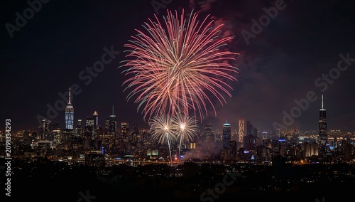 Fireworks Light up the Night Sky Over a City Skyline During a Celebration