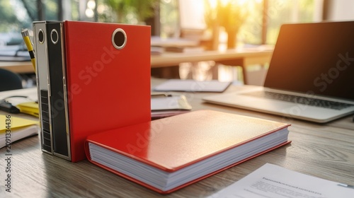Red office folders and laptop on wooden desk.