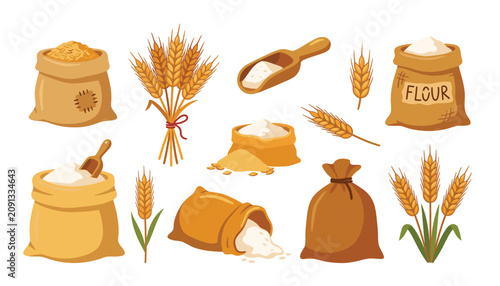 Photos Wheat spikelet and flour sack vector agricultural illustration set