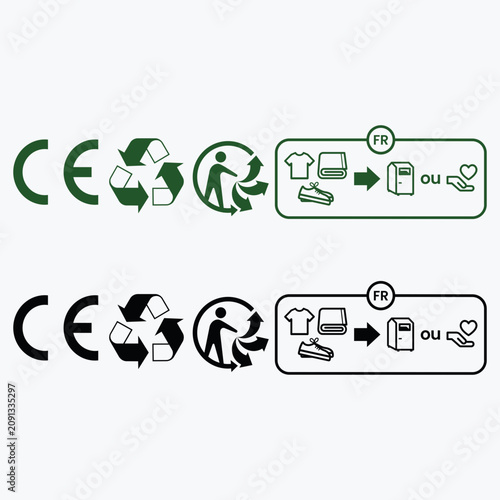 Product packaging compliance icon set with CE marking recycling symbol and triman sorting instructions