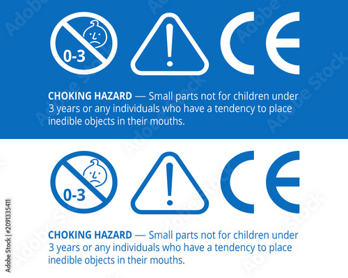 Choking hazard warning label for toys showing age restriction and safety compliance marking for children products