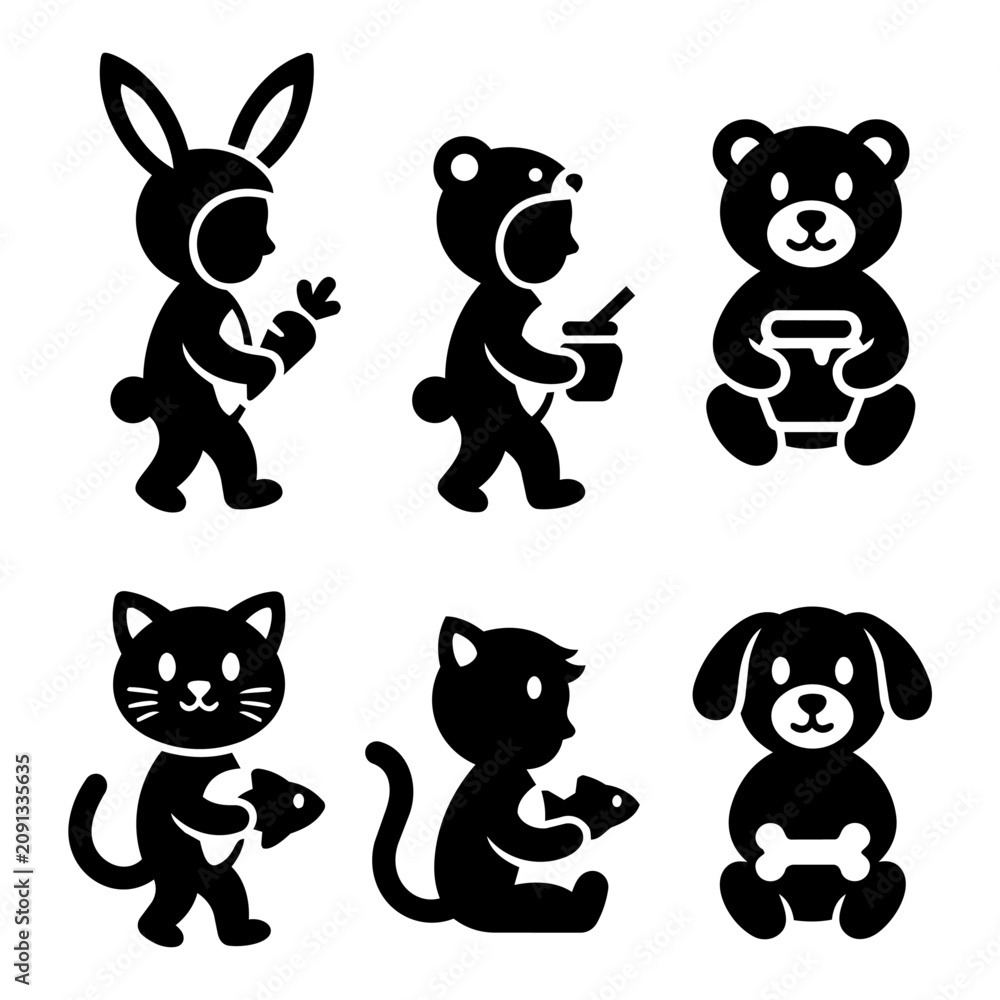 Obraz premium Set of cute animal kids costumes and pets vector icons