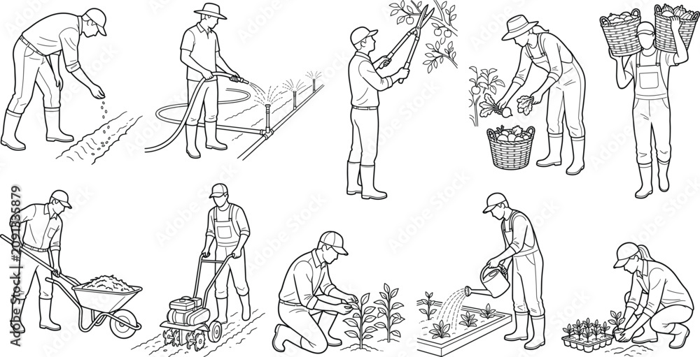 Obraz premium Professional Farming and Gardening Workers Line Art Icon Set for Agriculture and Harvest Activities