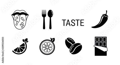 Cuadro en lienzo A vibrant display of various food and drink icons on a table setting with taste