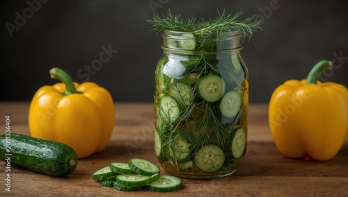 Fresh Cucumbers and Dill in Jar With Yellow Peppers on Wooden Table