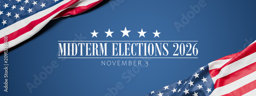 The wrinkled flag of the USA draped onto a blue surface and the text 