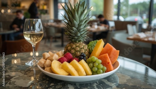 Fresh Fruit Platter With Pineapple and Wine in a Restaurant Setting