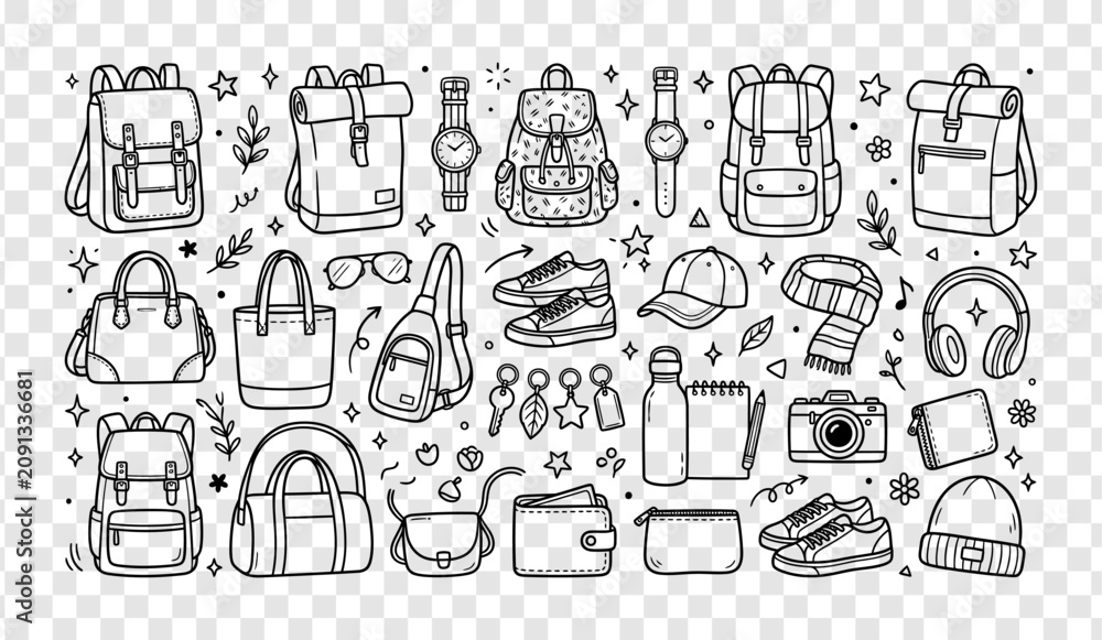 Fototapeta premium Travel icons, backpacks, luggage, and accessories, line art style, 30 elements, vector illustrations