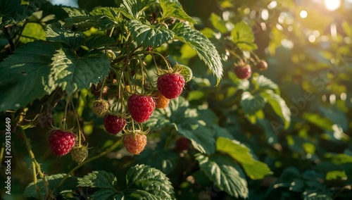 Raspberry Plants Growing in a Garden During the Late Afternoon Sun