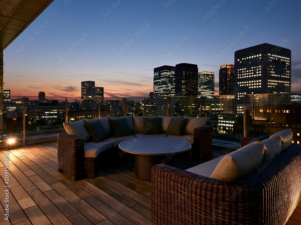 Naklejka premium 夕暮れ時のテラスに置かれたソファから眺める都市の美しい夜景と高層ビル群