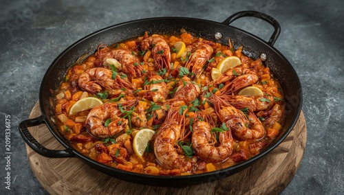 Seafood Dish With Shrimp and Vegetables Served in a Large Pan on a Wooden Boa...