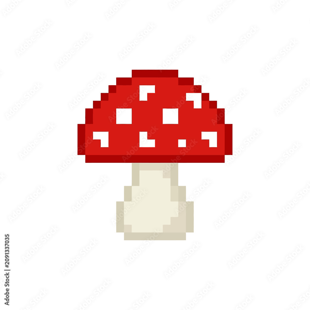 Fototapeta premium The Image Is A Pixel Art Illustration Of A Red Mushroom The Mushroom Has A