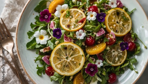 Fresh Salad With Edible Flowers and Vegetables Served in a Bowl on a Plain Su...