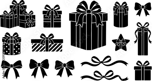 Fotografie Christmas Gift Box and Ribbon Silhouette Set – Holiday Present, Bow, Festive Pac