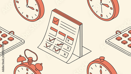 A calendar and various clocks are scattered on a table in a busy office.