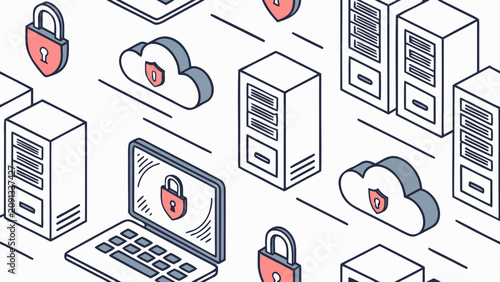 Secure servers and laptops with padlocks on clouds are protected.