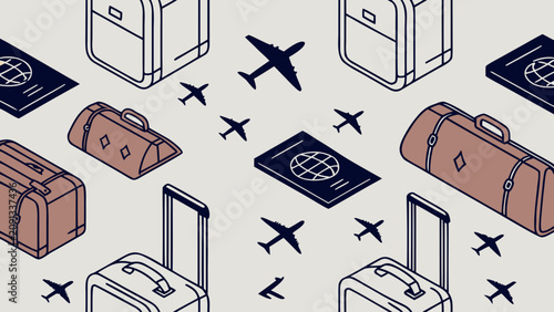 A collection of luggage and travel documents scattered on the floor with airplanes flying around.