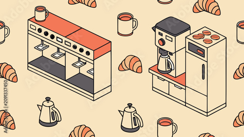 An illustration of a coffee shop with machines and pastries on a table indoors
