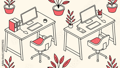 Two office workers sit at desks with computers and plants around them indoors