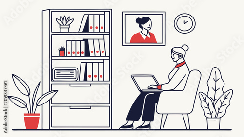 Woman working on laptop in home office with bookshelf plants and clock