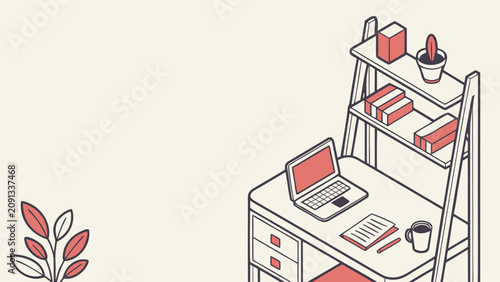 A cluttered desk with a laptop, books, and office supplies in an organized workspace indoors
