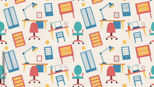 Colorful office furniture and equipment scattered in a messy room interior