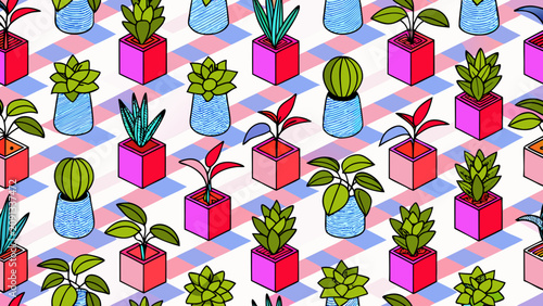 Vibrant colorful potted plants and succulents arranged neatly on a checkered floor indoors