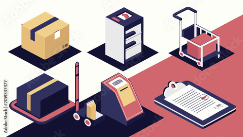 Logistics team efficiently manages packages and inventory in a warehouse environment with various equipment.
