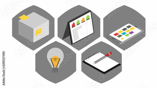 Graphic design elements including a cube, laptop, palette, notebook, and light bulb are arranged hexagonally.