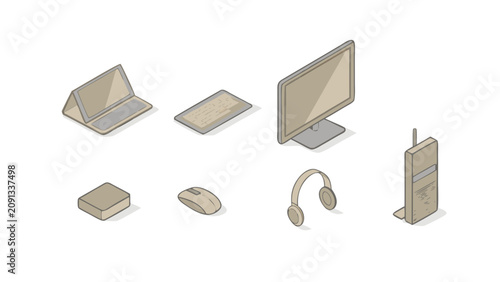 A collection of various beige computer devices on a white surface