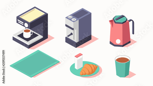 A still life illustration of a coffee maker, toaster, kettle, plate with croissant, and cups on a table indoors.