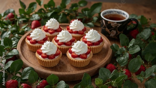 Freshly Baked Cupcakes With Strawberries and Cream on Wooden Tray With Tea Cu...