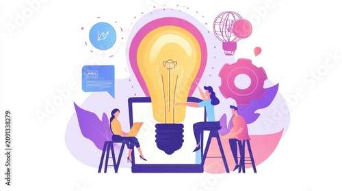 Team collaborating on a big idea, represented by a lightbulb on a smartphone screen, surrounded by gears and data charts.