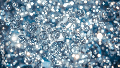 Bubbles Float in a Blue Background With Bright Light Spots Reflecting at Vari...