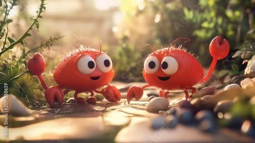 Two cute cartoon crabs meet on a stone path in a sunny garden.