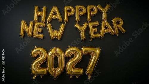 Celebration for New Year 2027 With Golden Balloons on a Black Background