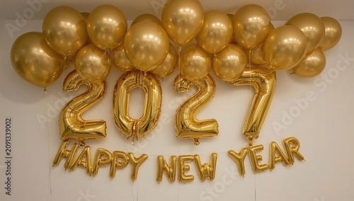 Balloon Decorations With 2027 and Happy New Year in a Room Celebrating the Ne...
