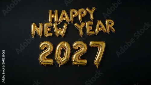 Balloon Decorations With 2027 and Happy New Year in a Room Celebrating the Ne...