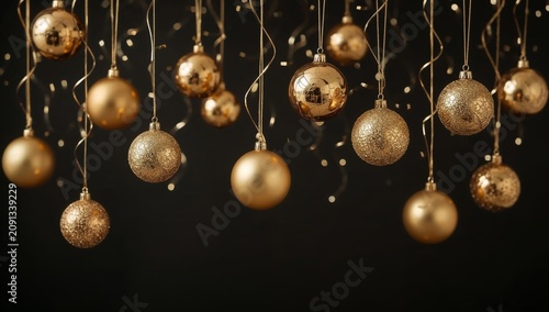 Gold Ornaments Hang From Strings Above a Dark Background During a Holiday Cel...