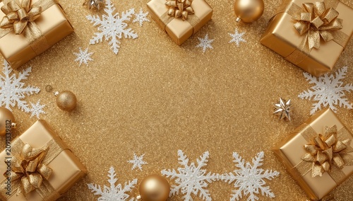 Golden Gifts and Decorations Arranged on a Glittery Surface for a Holiday Cel...