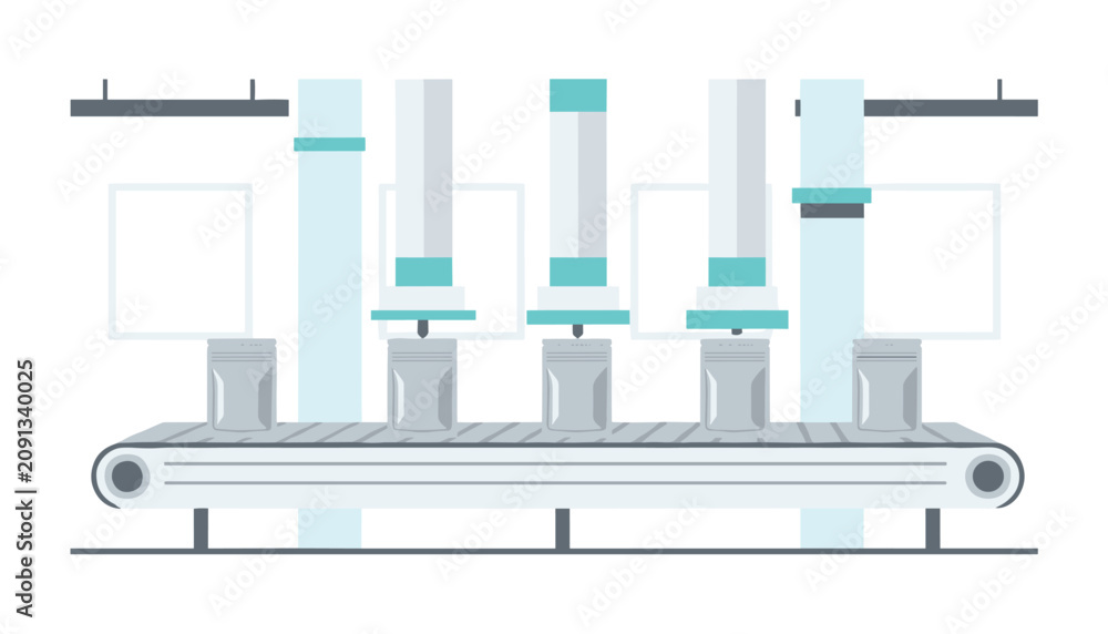 Fototapeta premium Automated industrial packaging machinery with vertical pistons pressing containers down onto a conveyor belt system in a modern factory setting.