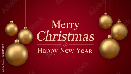 Merry Christmas and Happy New Year Greeting With Golden Ornaments Hanging on ...