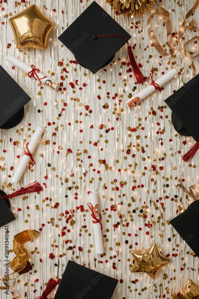 Fototapeta premium Graduation Celebration With Caps, Diplomas, and Decorations on a White Background