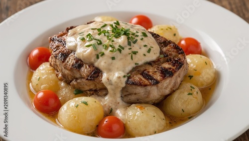 Grilled Steak Served With Sauce, Potatoes, and Tomatoes on a White Plate