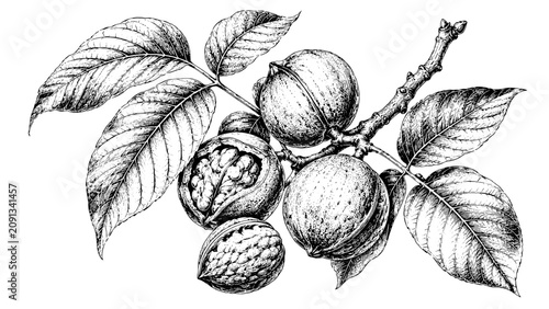 Highly detailed botanical illustration of walnut fruits growing on a leafy branch, showcasing natural textures for educational, agricultural, and botanical themed projects.