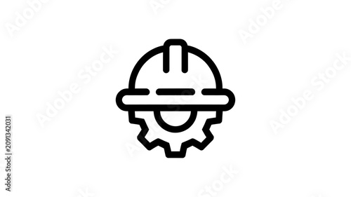 Industrial, engineering, gear and helmet icon, black line art symbol