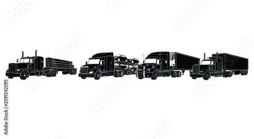 Quadro su tela Semi truck Silhouettes On White Background Transportation Industry Vector Illust