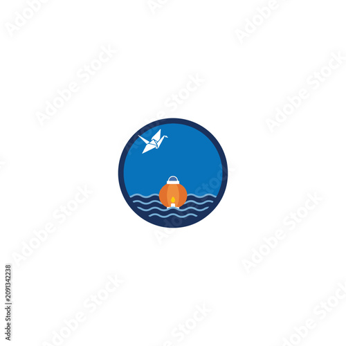 Fotografie Minimalist vector illustration of a buoy, ocean waves, and a seagull in a blue c