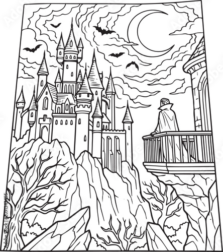 Fotografie ghostly castle cliff vampire lord book coloring cover page