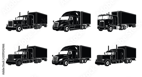 Semi truck Silhouettes On White Background Transportation Vehicle Collection
